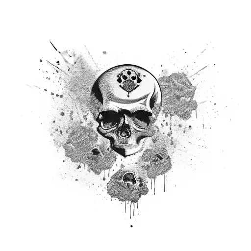 trash polka style, dripping skull, mp5 rifle, purple flowers, loyalty, paint splash, dripping, graffiti tattoo design idea