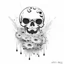 trash polka style, dripping skull, mp5 rifle, purple flowers, loyalty, paint splash, dripping, graffiti tattoo design idea