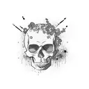 trash polka style, dripping skull, mp5 rifle, purple flowers, loyalty, paint splash, dripping, graffiti tattoo design idea