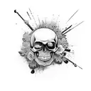trash polka style, dripping skull, mp5 rifle, purple flowers, loyalty, paint splash, dripping, graffiti tattoo design idea