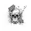trash polka style, dripping skull, mp5 rifle, purple flowers, loyalty, paint splash, dripping, graffiti tattoo design idea