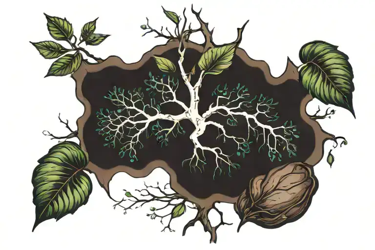 Combine a cacao tree with a neuron to symbolize the connection between nature and the mind tattoo design idea