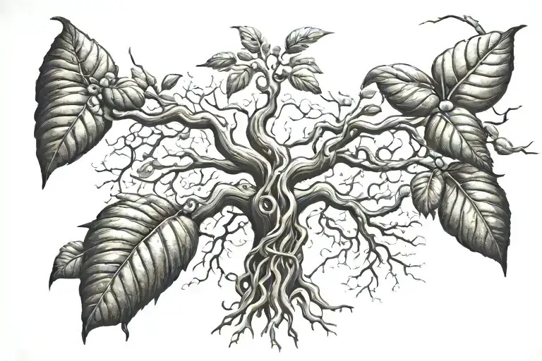 Combine a cacao tree with a neuron to symbolize the connection between nature and the mind tattoo design idea