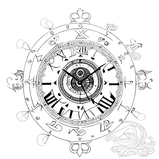 A blackwork tattoo featuring a detailed clock with the Roman numeral XIII, surrounded by Gemini and Scorpio symbols tattoo design idea