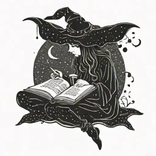 A witchy silhouette reading a book under the night sky tattoo design idea