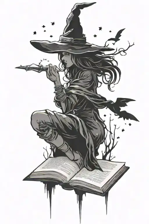 A witchy silhouette reading a book under the night sky tattoo design idea