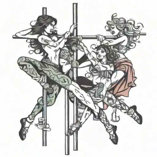 four people pole dancing tattoo design idea