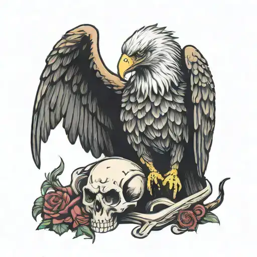 eagle sitting on long horn skull tattoo design idea