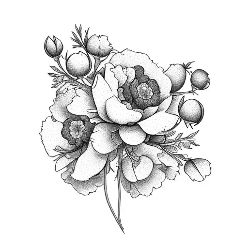 A beautiful bouquet of hawthorn, larkspur, poppy, and peony flowers tattoo design idea