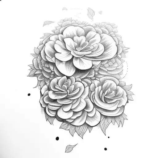 A lioness face surrounded by a field of pansies, chrysanthemums, roses, and peonies tattoo design idea