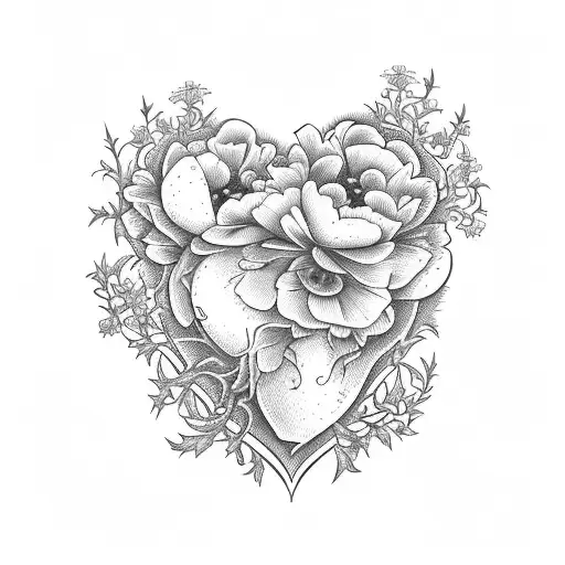 A blackwork design of hawthorn, larkspur, poppy, and peony flowers forming a heart shape tattoo design idea