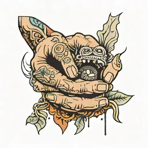 From the ground a hand holds a brick Half new half old tattoo design idea