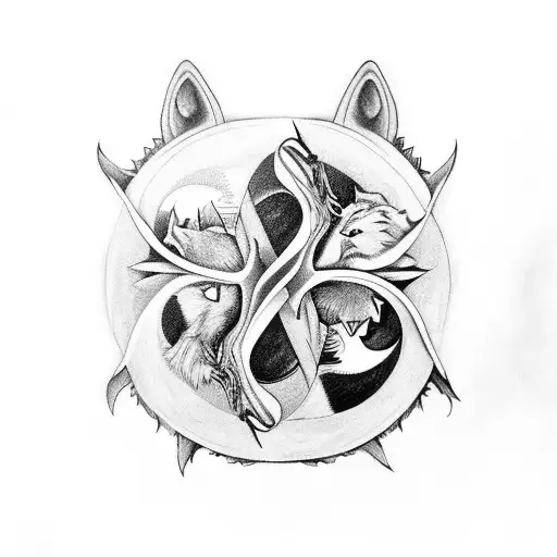 two wolves yin yang tattoo design idea
