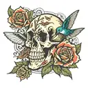 skull with hummingbird surrounded tattoo design idea