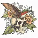 skull with hummingbird surrounded tattoo design idea