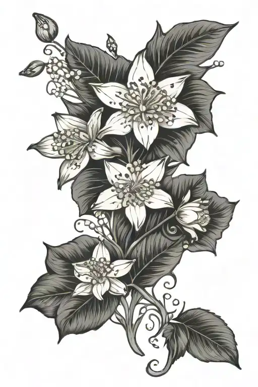 spine tattoo Lilly of the valley flower going down with a rose a water lily a hawthorn and daffodil flowers in between  tattoo design idea