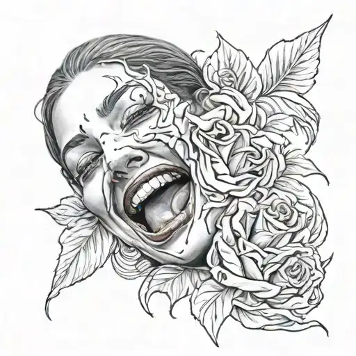 make a girl crying behind the smiling mask surrounded tattoo design idea