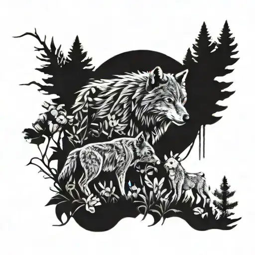 A silhouette of a mother wolf leading her cub through a forest filled with different types of flowers, representing your role as a guiding figure in your son's life tattoo design idea