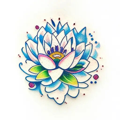 tiny multicolor wildflower bouquet with small blue lotus and chwrry blossom tattoo design idea