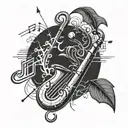 A tattoo design combining musical notes and cricket elements tattoo design idea