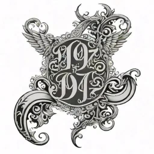 gothic celestial imagery with a centered royal staircase reading "1997" in the middle in modern Olde English font tattoo design idea