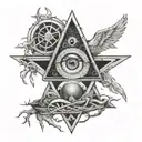 Illuminati one eye inside the Earth, surrounded by mystical symbols create a tattoo image backof human sholder tattoo design idea