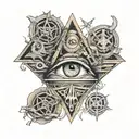 Illuminati one eye inside the Earth, surrounded by mystical symbols create a tattoo image backof human sholder tattoo design idea