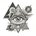Illuminati one eye inside the Earth, surrounded by mystical symbols create a tattoo image backof human sholder tattoo design idea