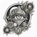 Illuminati one eye inside the Earth, surrounded by mystical symbols create a tattoo image backof human sholder tattoo design idea