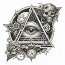 Illuminati one eye inside the Earth, surrounded by mystical symbols create a tattoo image backof human sholder tattoo design idea