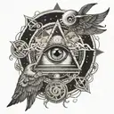 Illuminati one eye inside the Earth, surrounded by mystical symbols create a tattoo image backof human sholder tattoo design idea