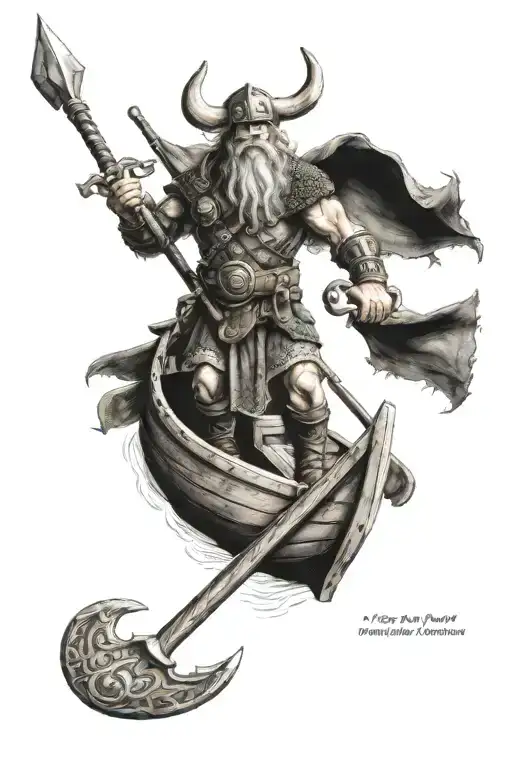 German Viking with Viking boat below and Viking axe above  tattoo design idea