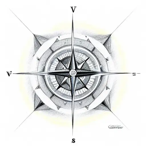 A detailed sketch of a diamond- centered compass pointing to "VVS" as the north with the word "Life" written in cursive  tattoo design idea