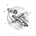 A space shuttle flying through a nebula filled with stars and galaxies tattoo design idea