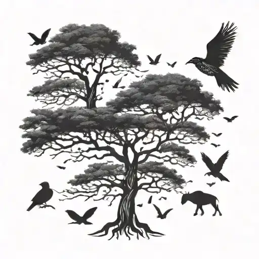 outline of Africa with a tree sprouting out the top of it and birds flying around it  tattoo design idea