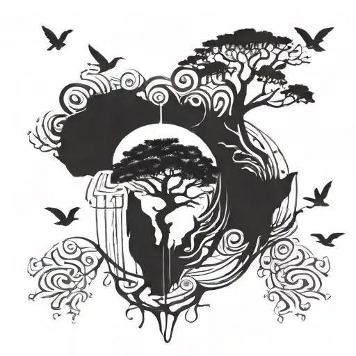Africa as a seed sprouting tree out the top of it and roots going into the ground with birds flying around  tattoo design idea