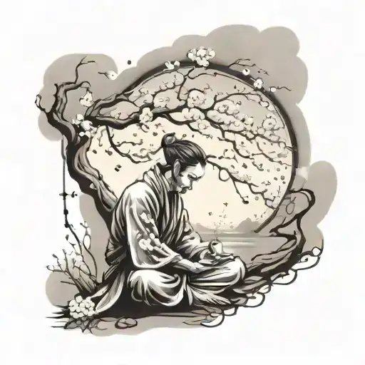 A surreal scene of a samurai meditating under a cherry blossom tree while listening to music, with smoke swirling around for a full sleeve tattoo tattoo design idea