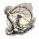 A surreal scene of a samurai meditating under a cherry blossom tree while listening to music, with smoke swirling around for a full sleeve tattoo tattoo design idea