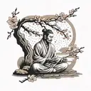 A surreal scene of a samurai meditating under a cherry blossom tree while listening to music, with smoke swirling around for a full sleeve tattoo tattoo design idea