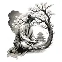 A surreal scene of a samurai meditating under a cherry blossom tree while listening to music, with smoke swirling around for a full sleeve tattoo tattoo design idea