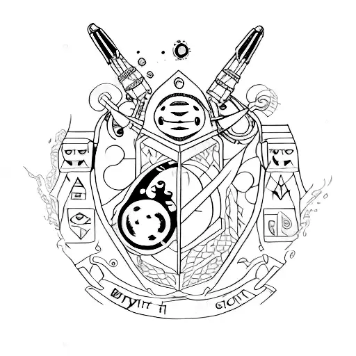 Design a minimalist tattoo of a couch with hidden references to Harry Potter and Hitchhiker's Guide to the Galaxy tattoo design idea