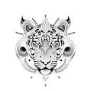 Dumbbells intertwined with intricate tiger and lion patterns tattoo design idea