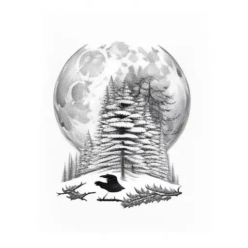 forest at full moon with 2 crows and  2 wolfs tattoo design idea