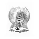 forest at full moon with 2 crows and  2 wolfs tattoo design idea