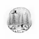 forest at full moon with 2 crows and  2 wolfs tattoo design idea