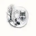 forest at full moon with 2 crows and  2 wolfs tattoo design idea
