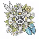 teach peace all one word with a peace sign of daisies around it.  tattoo design idea