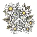 teach peace all one word with a peace sign of daisies around it.  tattoo design idea