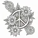 teach peace all one word with a peace sign of daisies around it.  tattoo design idea