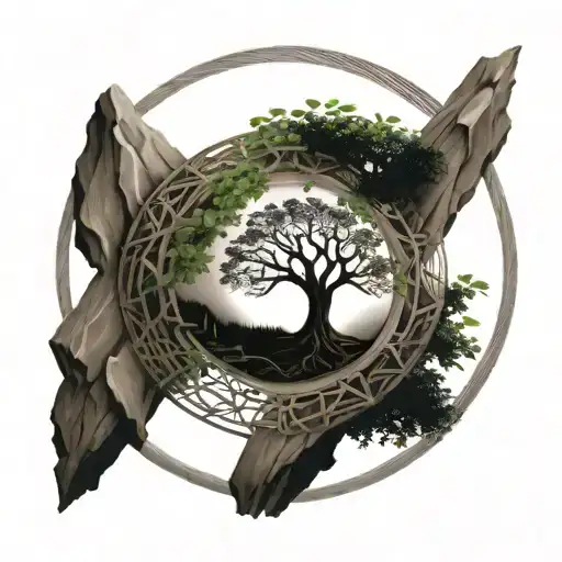 tree of life featuring all the Nordic runes in the circle tattoo design idea